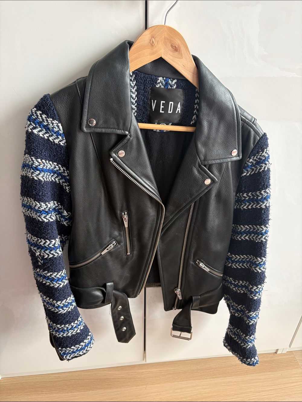 Veda Black Leather Moto Jacket with Navy and White Knit Sleeves Sz M
